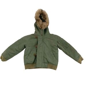 JUICY JACKET WITH FAUX FUR LINED HOOD SIZE:6 ARMY GREEN LARGE BUTTON AND ZIP